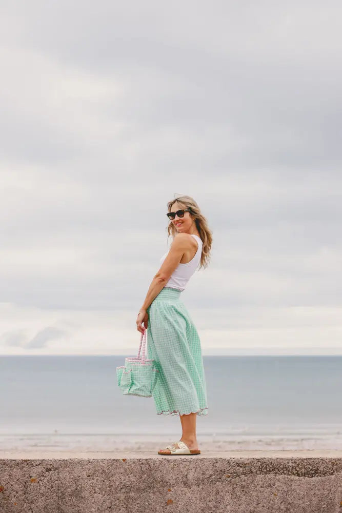 Cotton Gingham Skirt With Wide Elasticated Waist and Scalloped Hemline | Apple Green - Skirt