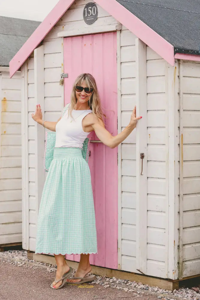 Cotton Gingham Skirt With Wide Elasticated Waist and Scalloped Hemline | Apple Green - Skirt