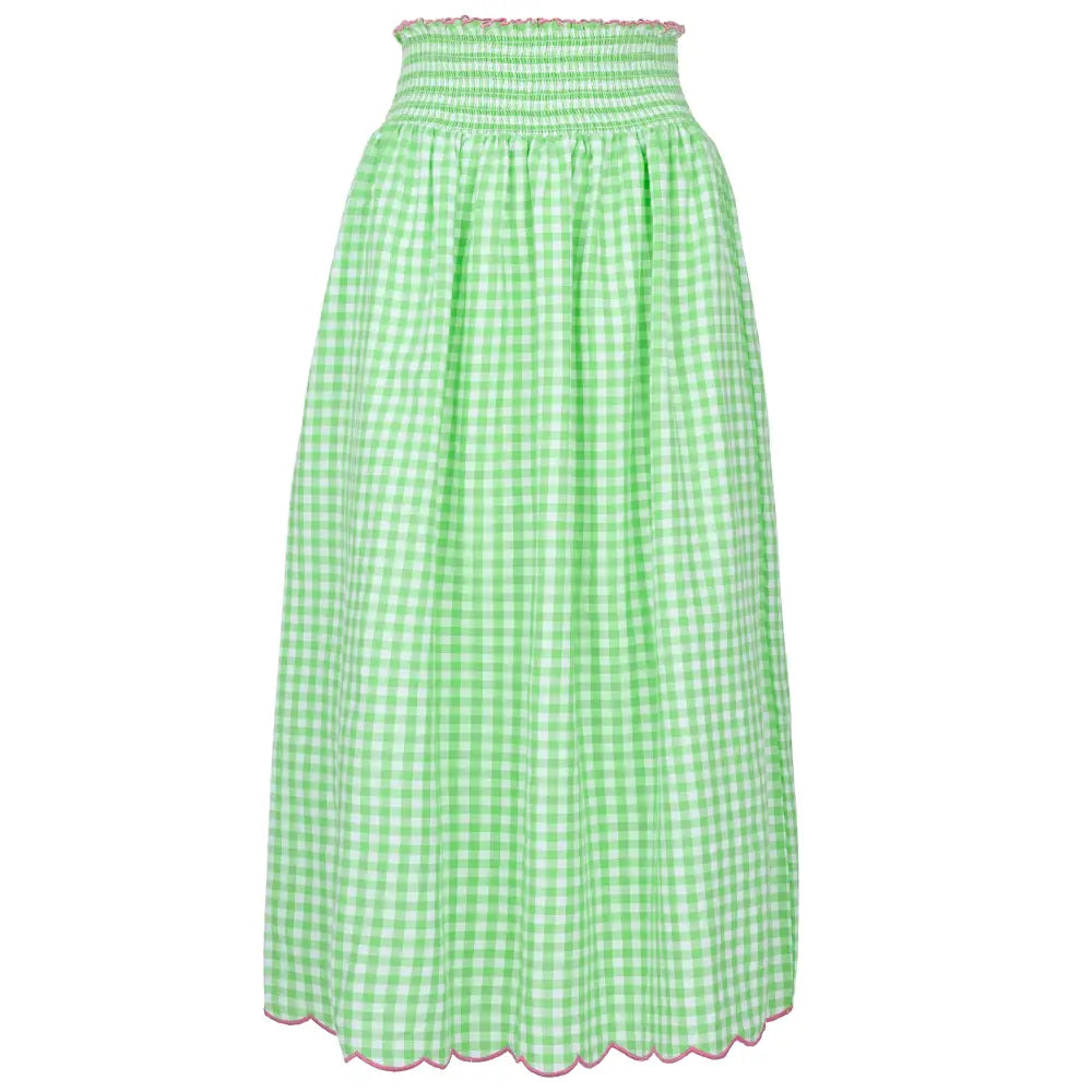 Cotton Gingham Skirt With Wide Elasticated Waist and Scalloped Hemline | Apple Green - Skirt