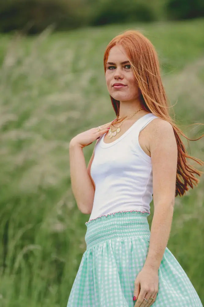 Cotton Gingham Skirt With Wide Elasticated Waist and Scalloped Hemline | Apple Green - Skirt