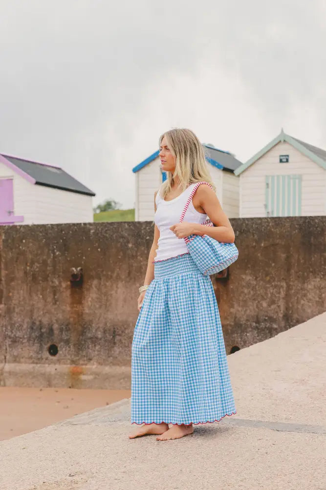 Cotton Gingham Skirt With Wide Elasticated Waist and Scalloped Hemline| Blue - Skirt