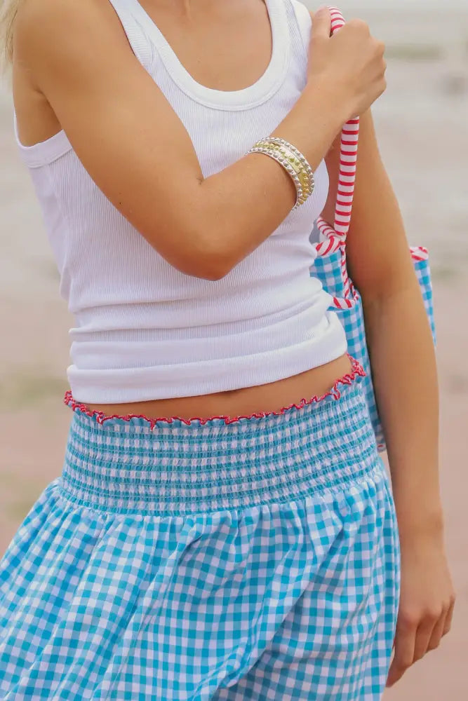 Cotton Gingham Skirt With Wide Elasticated Waist and Scalloped Hemline| Blue - Skirt