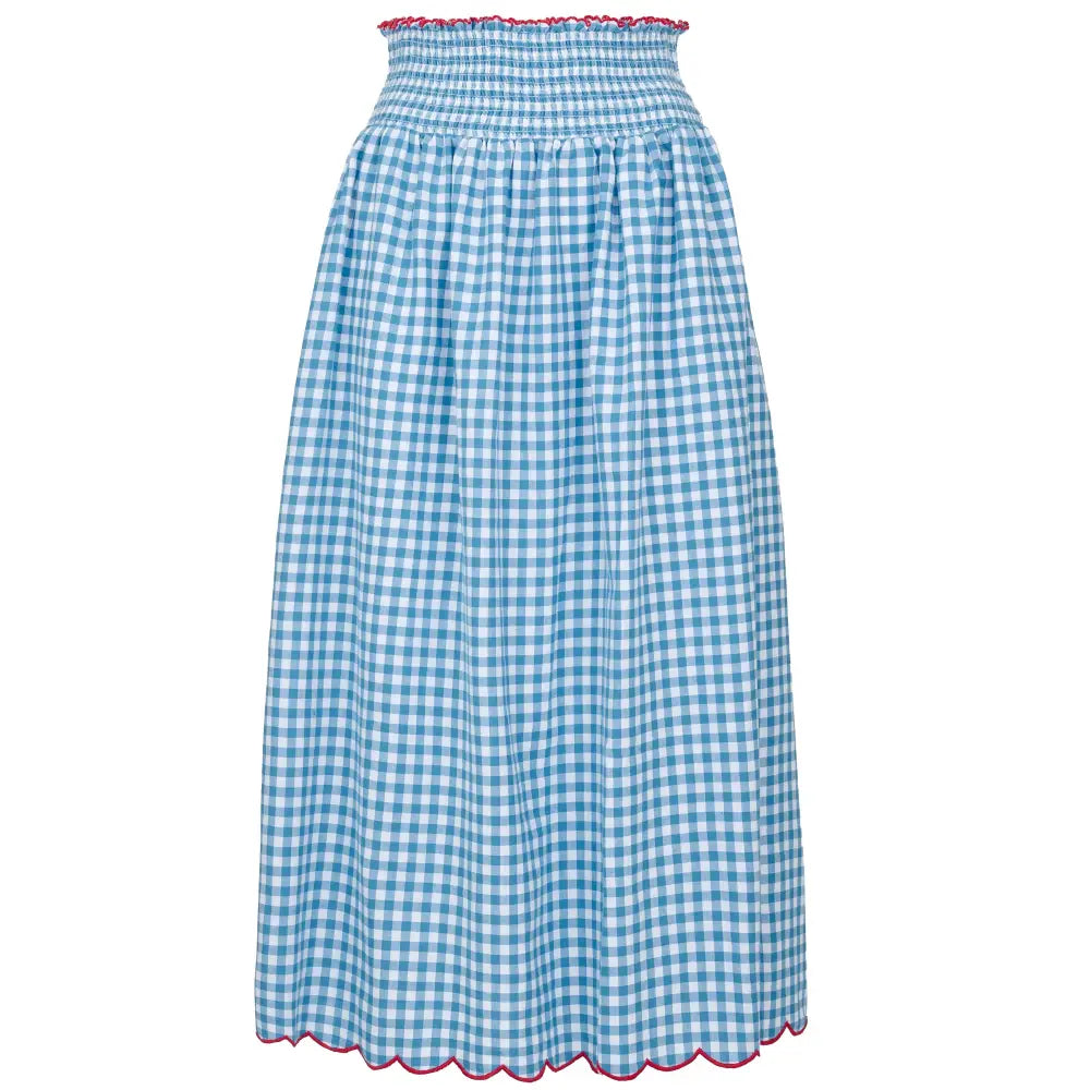 Cotton Gingham Skirt With Wide Elasticated Waist and Scalloped Hemline| Blue - Skirt