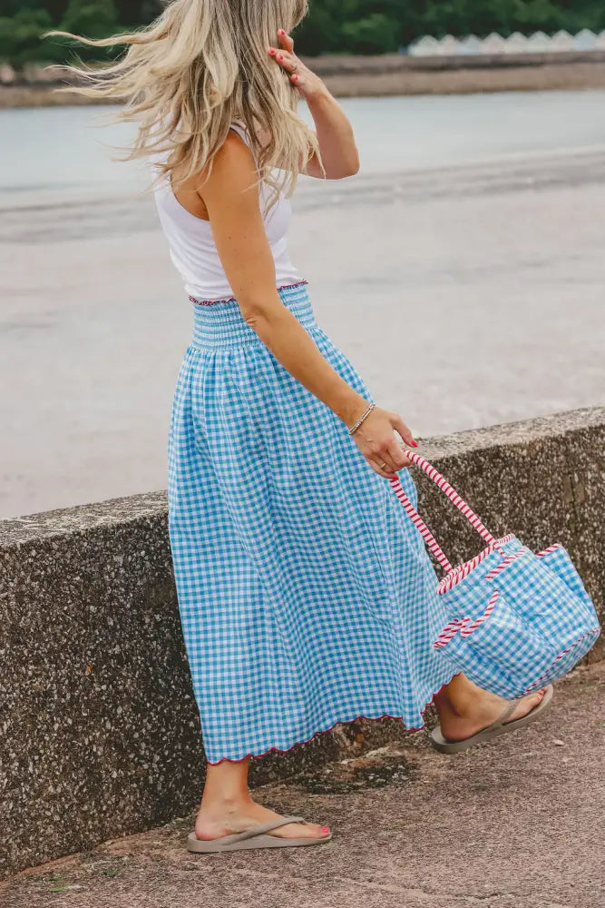 Cotton Gingham Skirt With Wide Elasticated Waist and Scalloped Hemline| Blue - Skirt