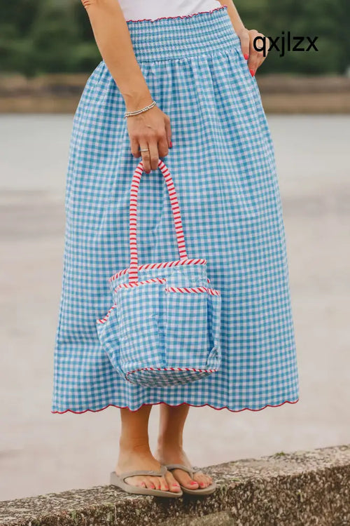 Cotton Gingham Skirt With Wide Elasticated Waist and Scalloped Hemline| Blue - Skirt