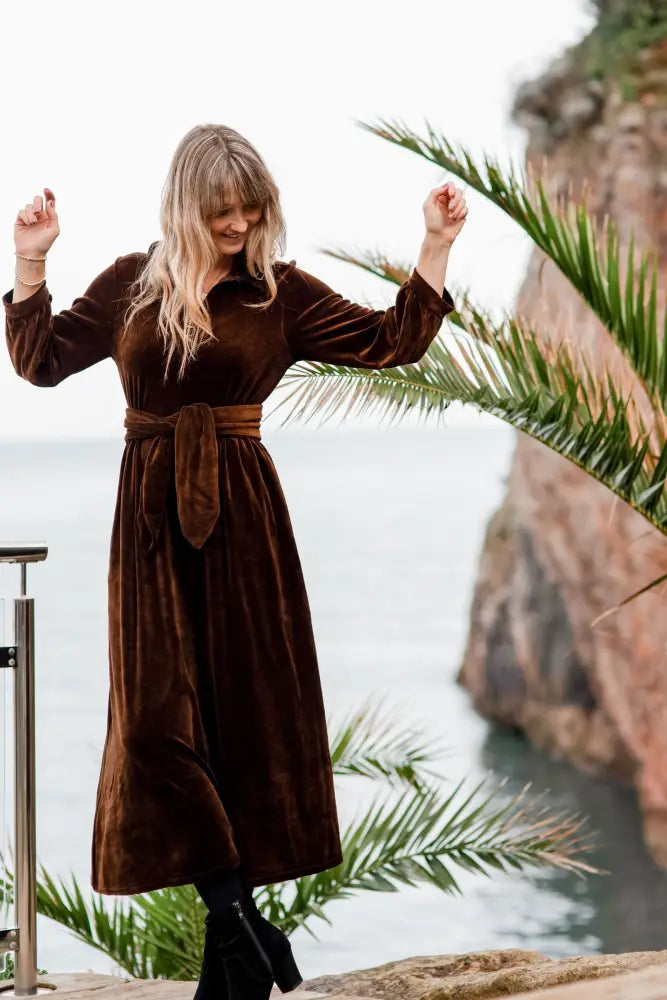 ’Imogen’ Stretch Velvet Midi Dress | Brown - Maxi Dresses