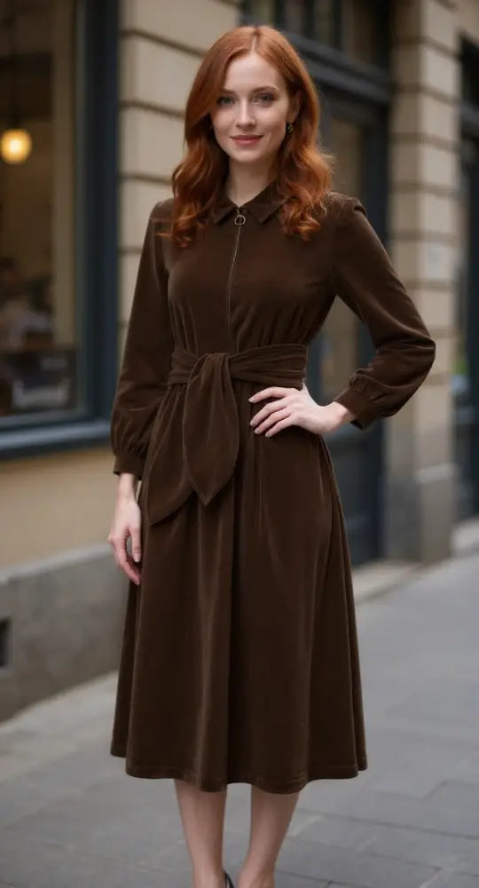 ’Imogen’ Stretch Velvet Midi Dress | Brown - Maxi Dresses