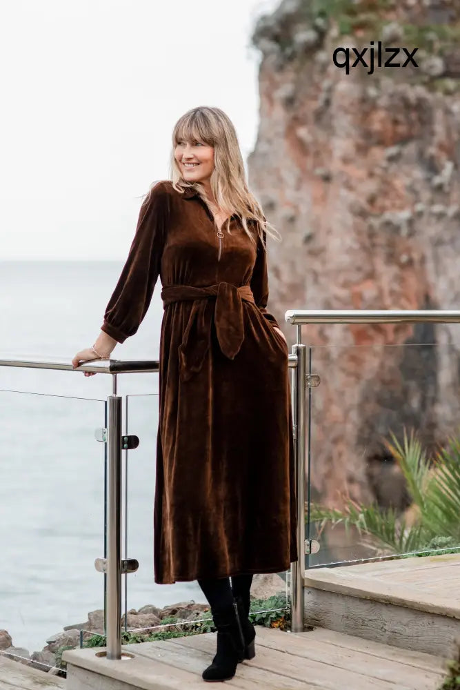 ’Imogen’ Stretch Velvet Midi Dress | Brown - Maxi Dresses