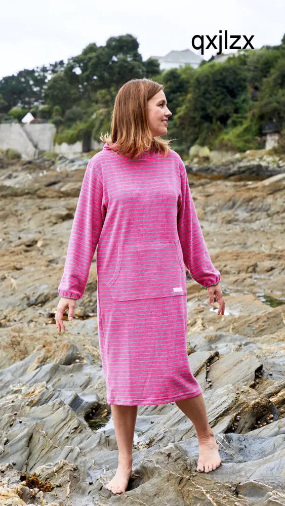 Jamie Striped Towelling Hooded Robe | Fuchsia & Apple - Adult Towelling Robe
