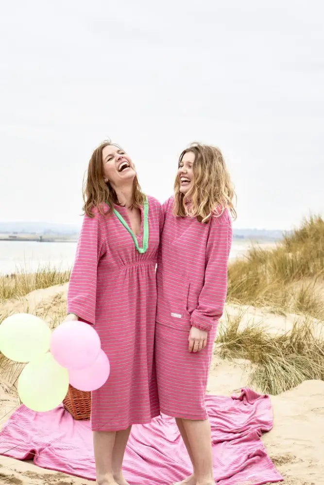 Jamie Striped Towelling Hooded Robe | Fuchsia & Apple - S - Adult Towelling Robe