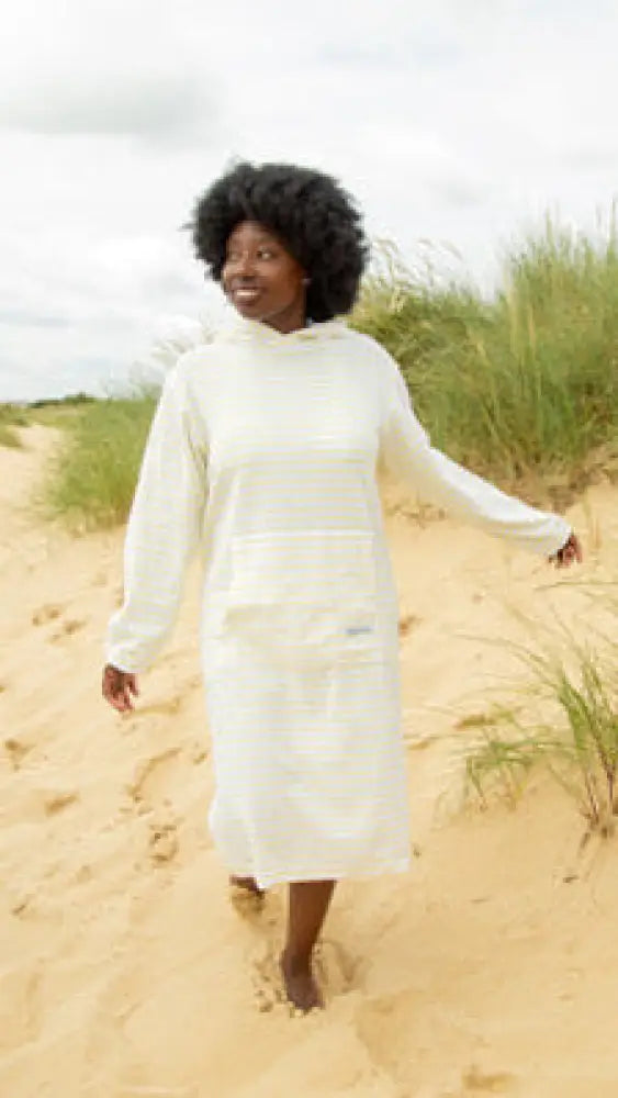 Jamie Striped Towelling Hooded Robe | White & Lemon - S - Adult Towelling Robe