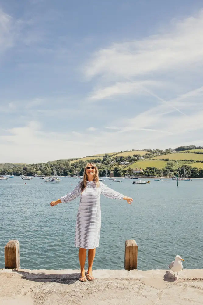 Jamie Striped Towelling Hooded Robe | White & Marine - Adult Towelling Robe