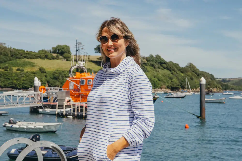 Jamie Striped Towelling Hooded Robe | White & Marine - Adult Towelling Robe