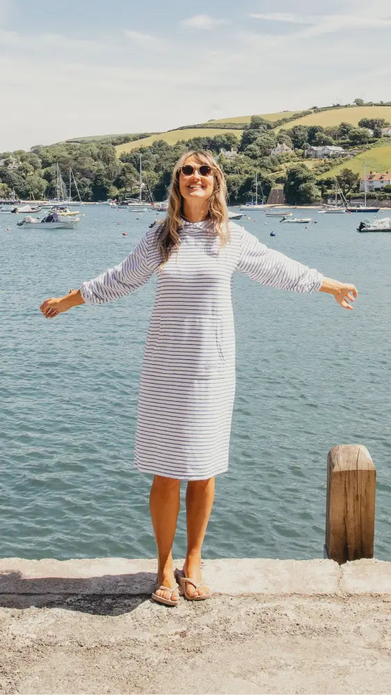 Jamie Striped Towelling Hooded Robe | White & Marine - Adult Towelling Robe