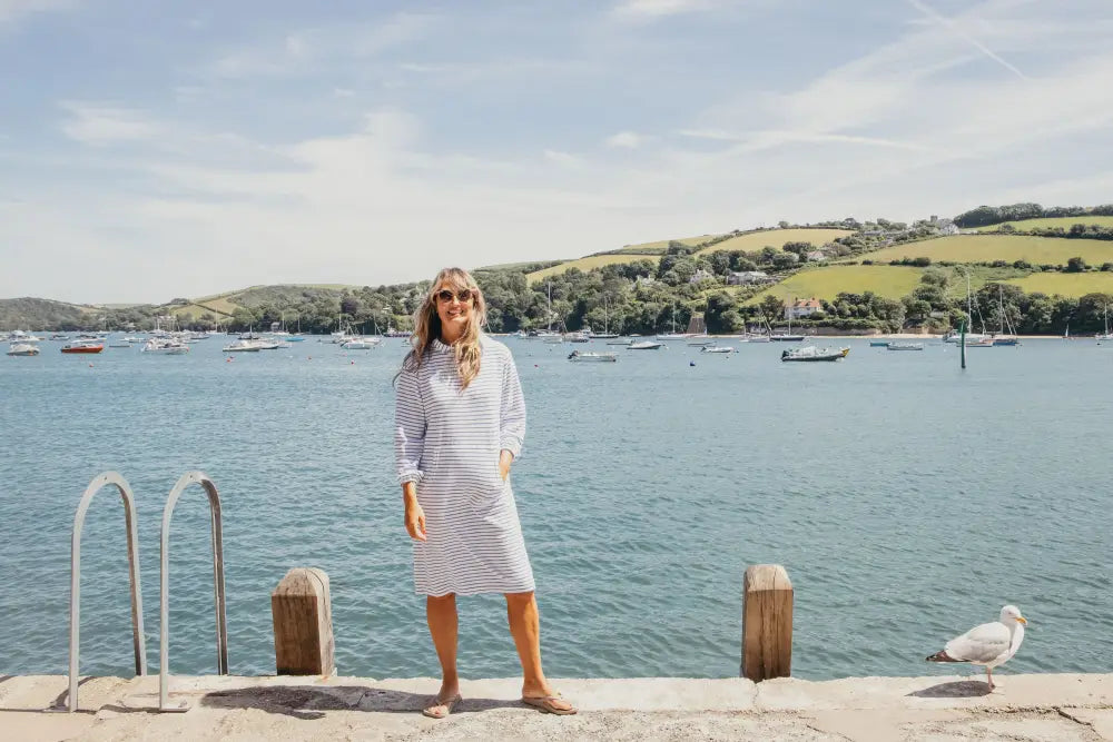 Jamie Striped Towelling Hooded Robe | White & Marine - Adult Towelling Robe