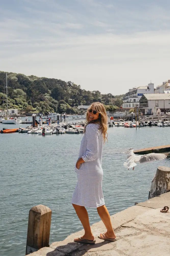 Jamie Striped Towelling Hooded Robe | White & Marine - Adult Towelling Robe