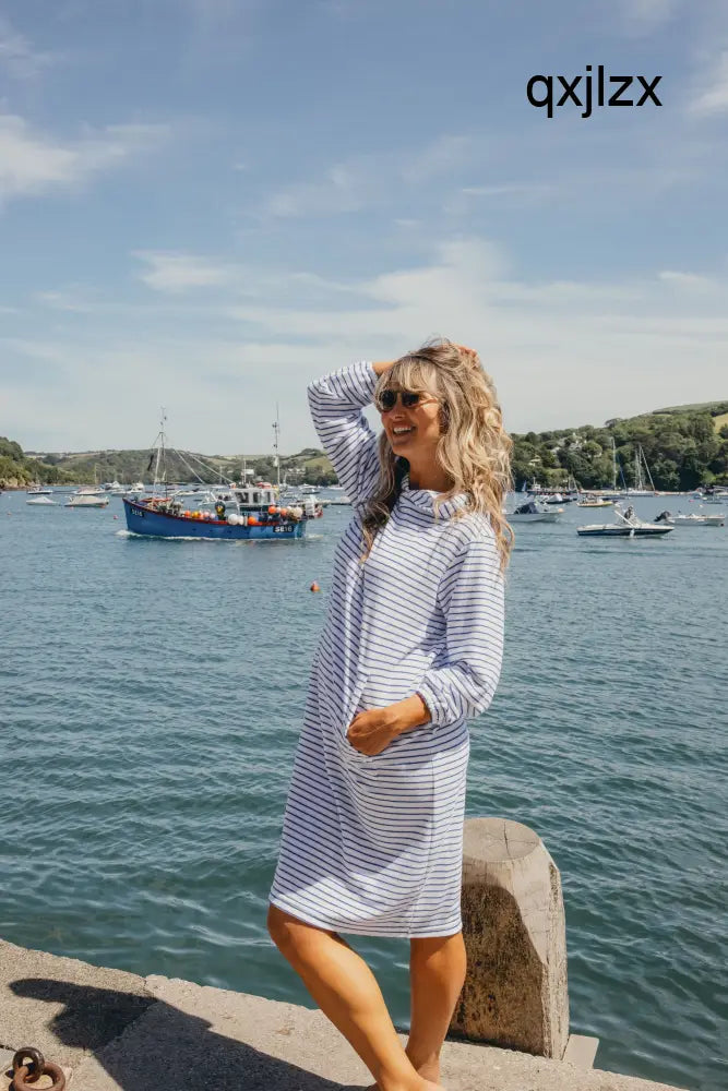 Jamie Striped Towelling Hooded Robe | White & Marine - Adult Towelling Robe
