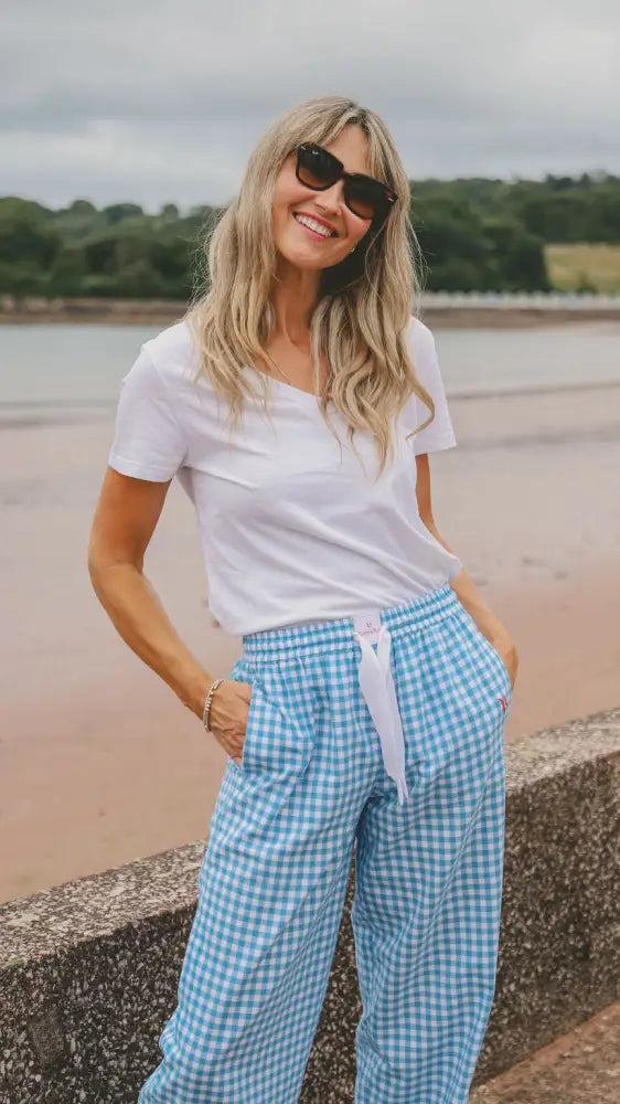 Slouchy Trousers Bottoms | Blue Gingham - Slouchy Bottoms