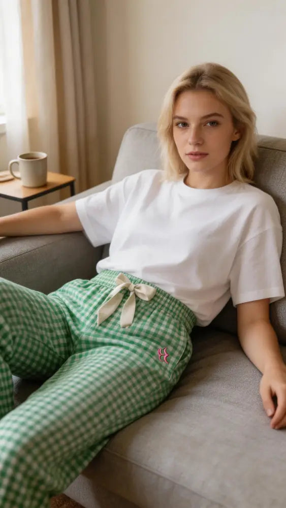 Slouchy Trousers Bottoms | Green Gingham - Slouchy Bottoms