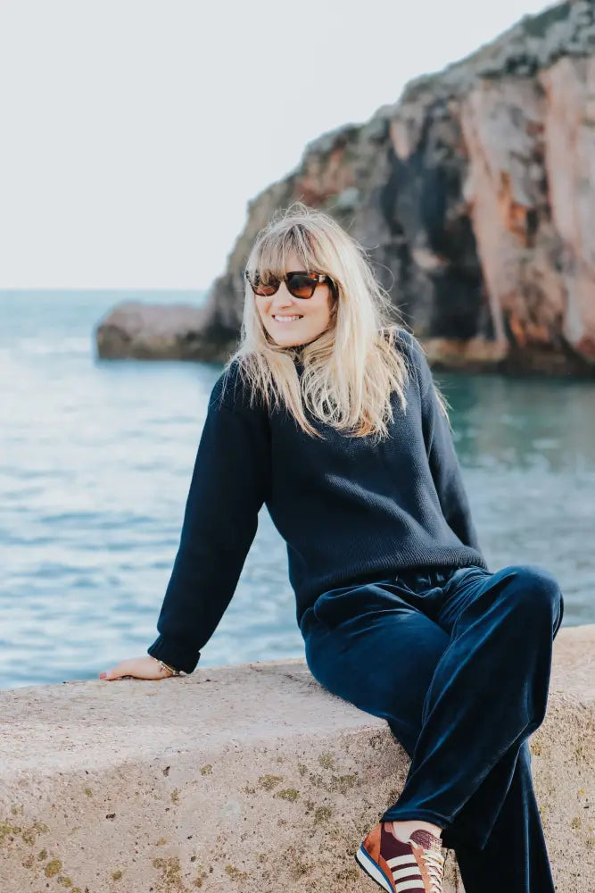 Stretch Velvet Wide Leg Jogging Bottoms | Navy - Womens Jogging Bottoms
