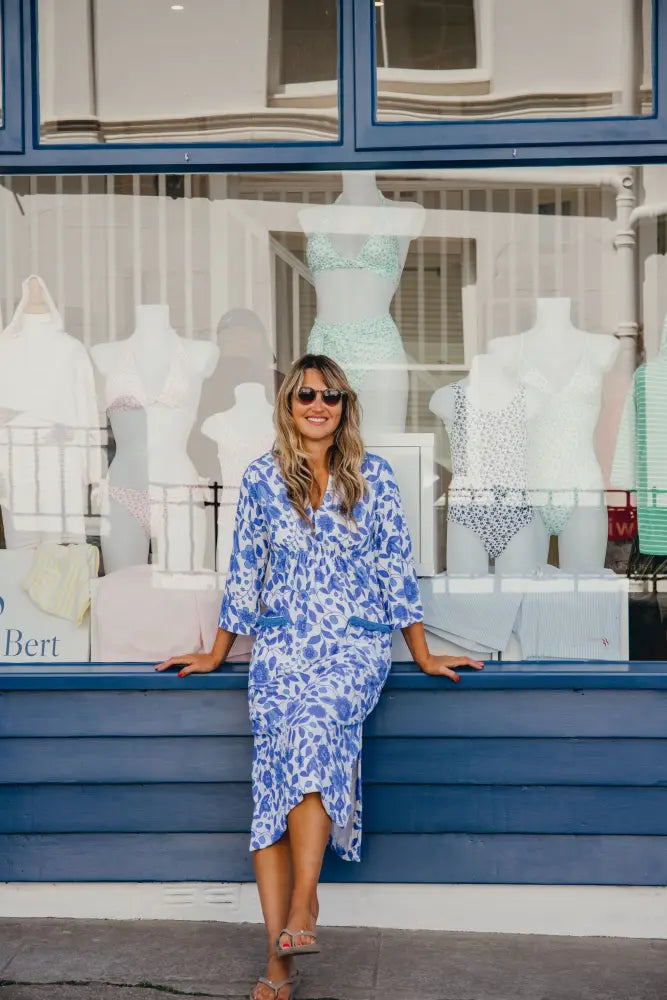 Victoria Floral Towelling Beach Dress / Cover Up | Marine Marine Trim - Beach Dress