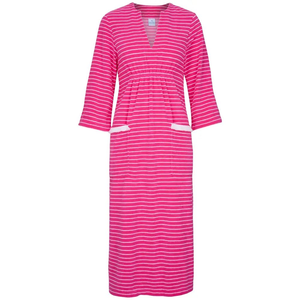 Victoria Striped Towelling Beach Dress / Cover Up | Fuchsia & White Fuchsia Trim - Womens Cover-up