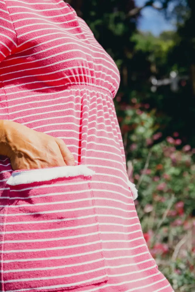 Victoria Striped Towelling Beach Dress / Cover Up | Fuchsia & White Fuchsia Trim - Womens Cover-up