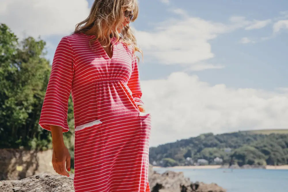 Victoria Striped Towelling Beach Dress / Cover Up | Fuchsia & White Fuchsia Trim - Womens Cover-up