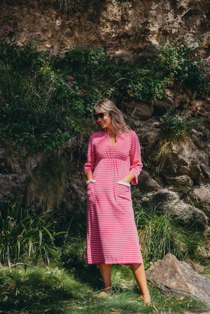 Victoria Striped Towelling Beach Dress / Cover Up | Fuchsia & White Fuchsia Trim - Womens Cover-up