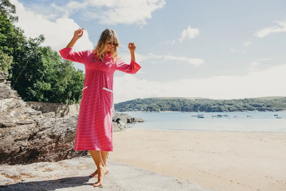 Victoria Striped Towelling Beach Dress / Cover Up | Fuchsia & White Fuchsia Trim - Womens Cover-up