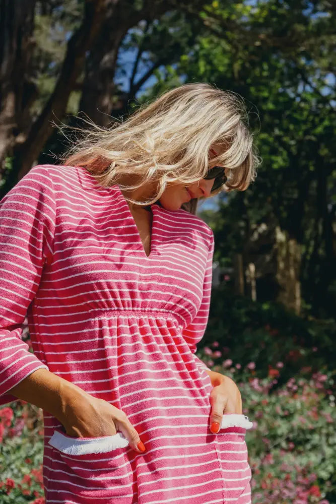 Victoria Striped Towelling Beach Dress / Cover Up | Fuchsia & White Fuchsia Trim - Womens Cover-up