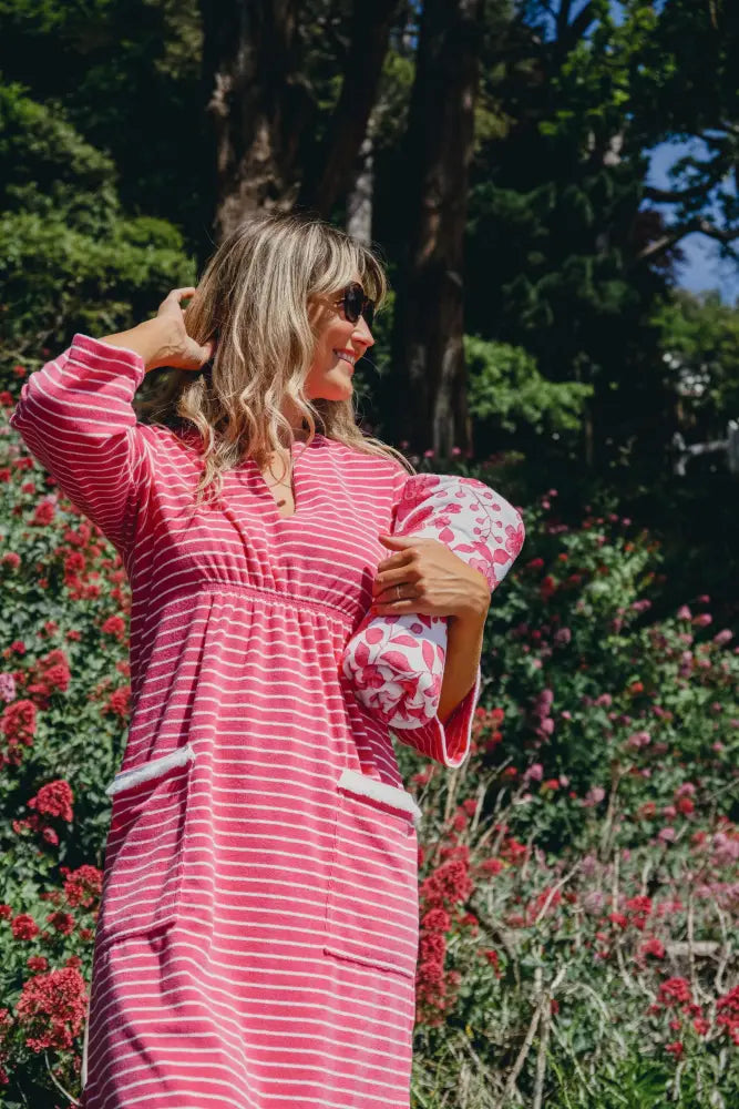 Victoria Striped Towelling Beach Dress / Cover Up | Fuchsia & White Fuchsia Trim - Womens Cover-up
