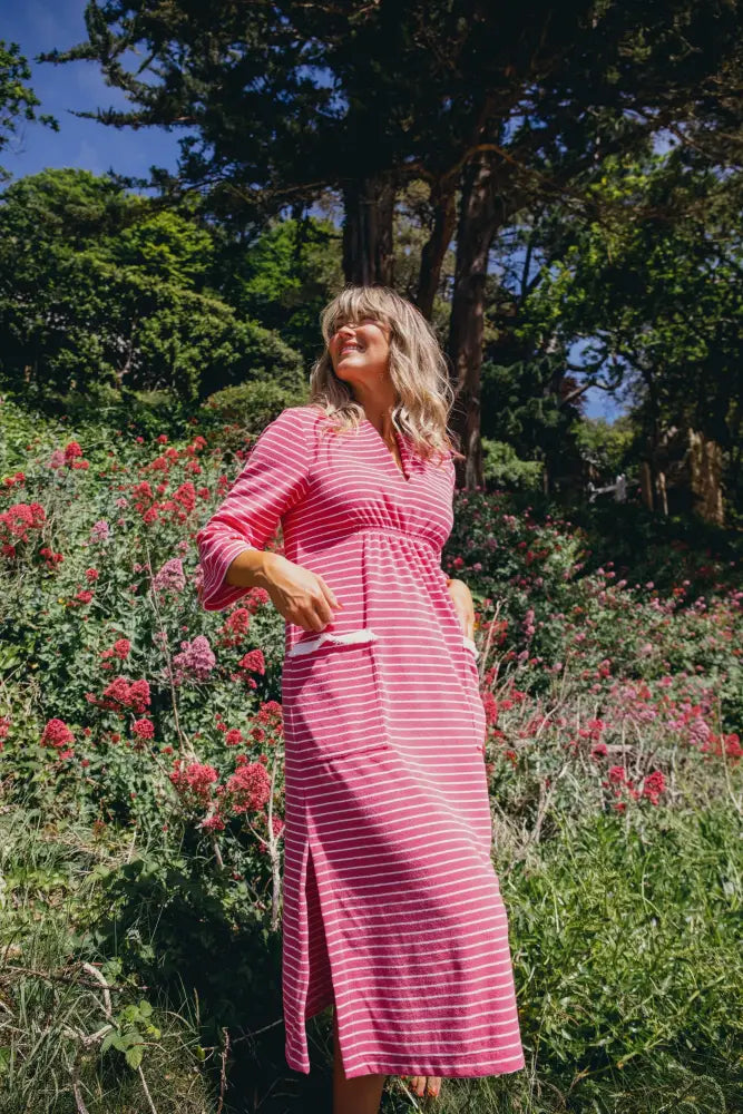 Victoria Striped Towelling Beach Dress / Cover Up | Fuchsia & White Fuchsia Trim - Womens Cover-up