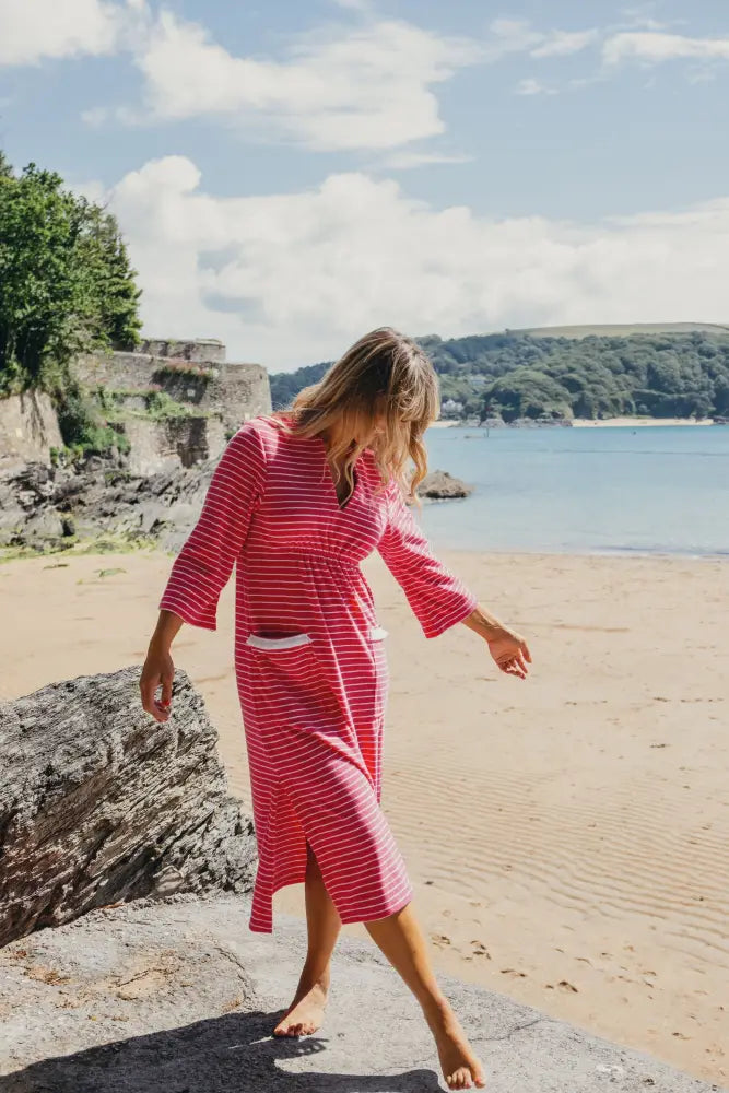 Victoria Striped Towelling Beach Dress / Cover Up | Fuchsia & White Fuchsia Trim - Womens Cover-up