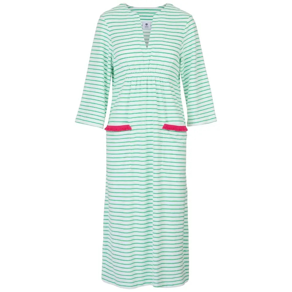 Victoria Striped Towelling Beach Dress / Cover Up | White & Apple Fuchsia Trim - S - Womens Cover-up