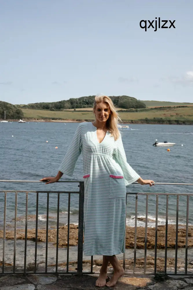 Victoria Striped Towelling Beach Dress / Cover Up | White & Apple Fuchsia Trim - Womens Cover-up