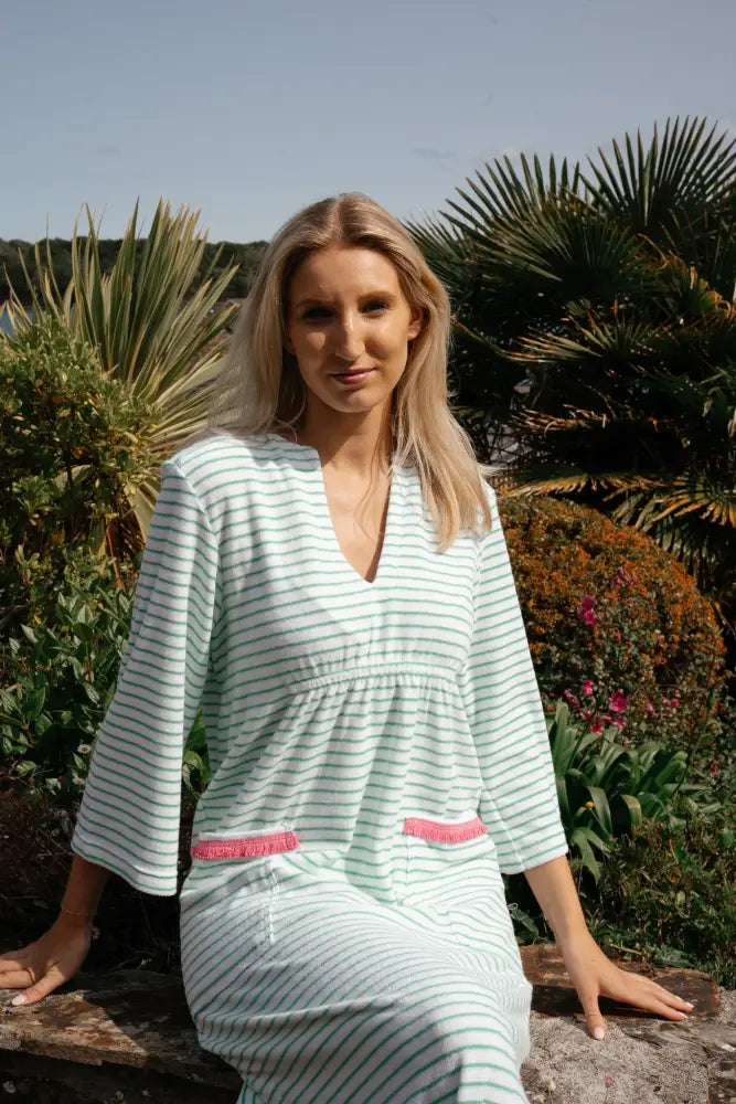 Victoria Striped Towelling Beach Dress / Cover Up | White & Apple Fuchsia Trim - Womens Cover-up