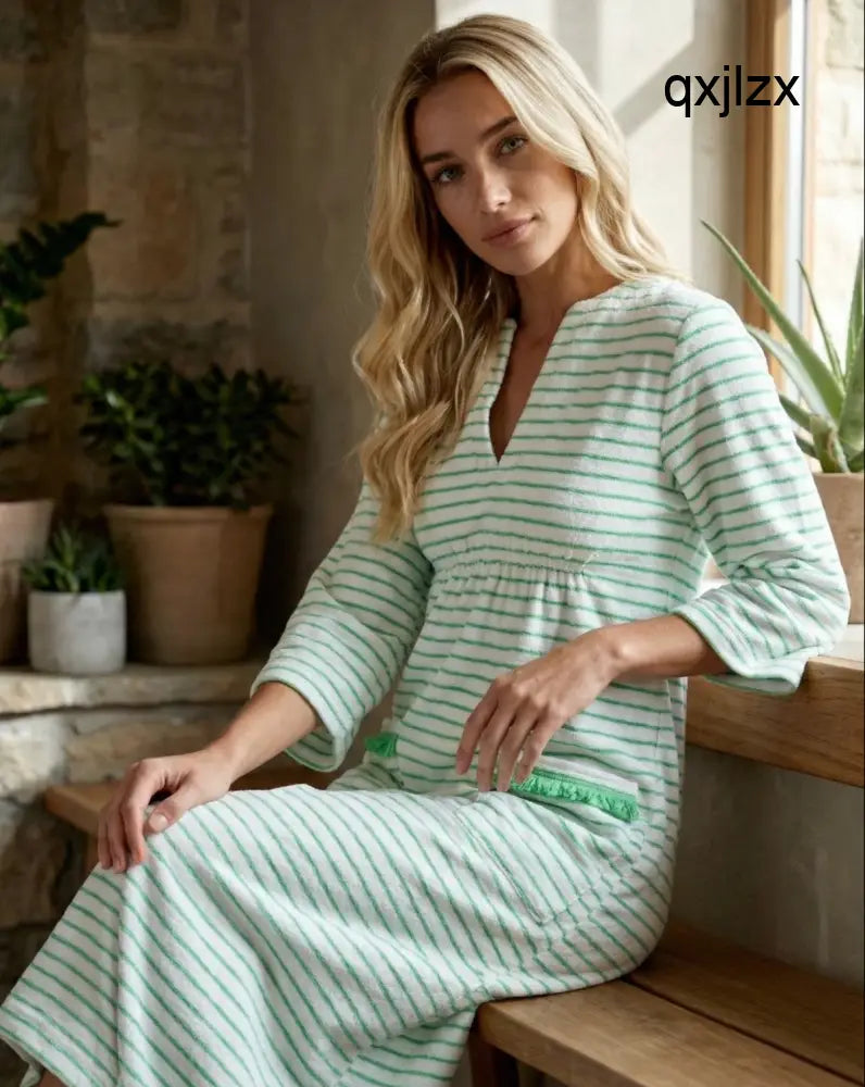 Victoria Striped Towelling Beach Dress / Cover Up | White & Apple Apple Trim - Womens Cover-up