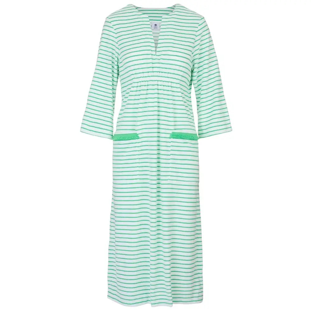 Victoria Striped Towelling Beach Dress / Cover Up | White & Apple Apple Trim - XS - Womens Cover-up