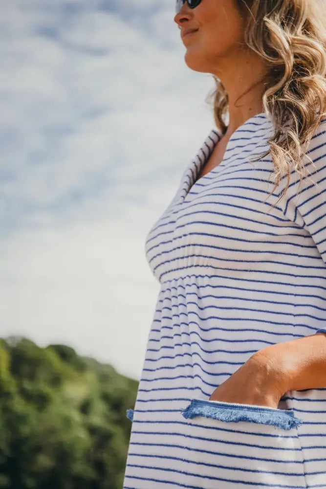Victoria Striped Towelling Beach Dress / Cover Up | White & Marine Marine Trim - Womens Cover-up