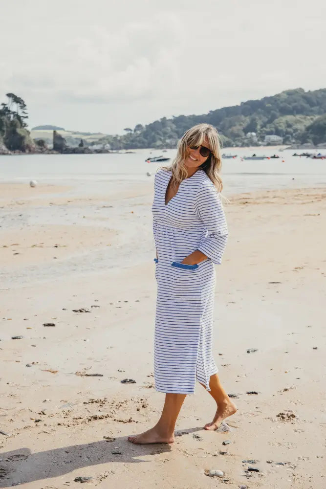Victoria Striped Towelling Beach Dress / Cover Up | White & Marine Marine Trim - Womens Cover-up