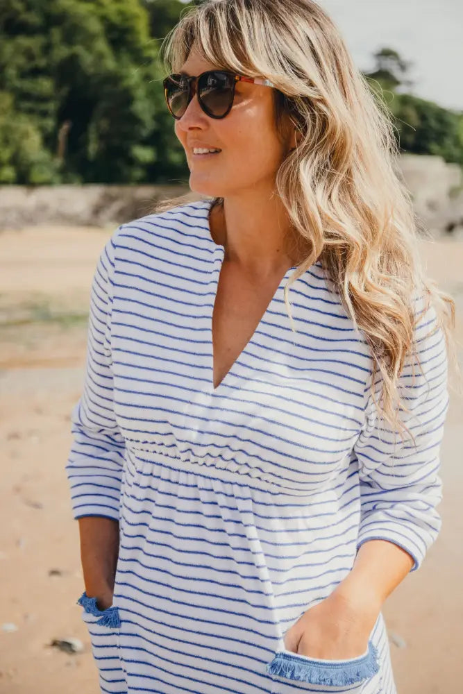 Victoria Striped Towelling Beach Dress / Cover Up | White & Marine Marine Trim - Womens Cover-up