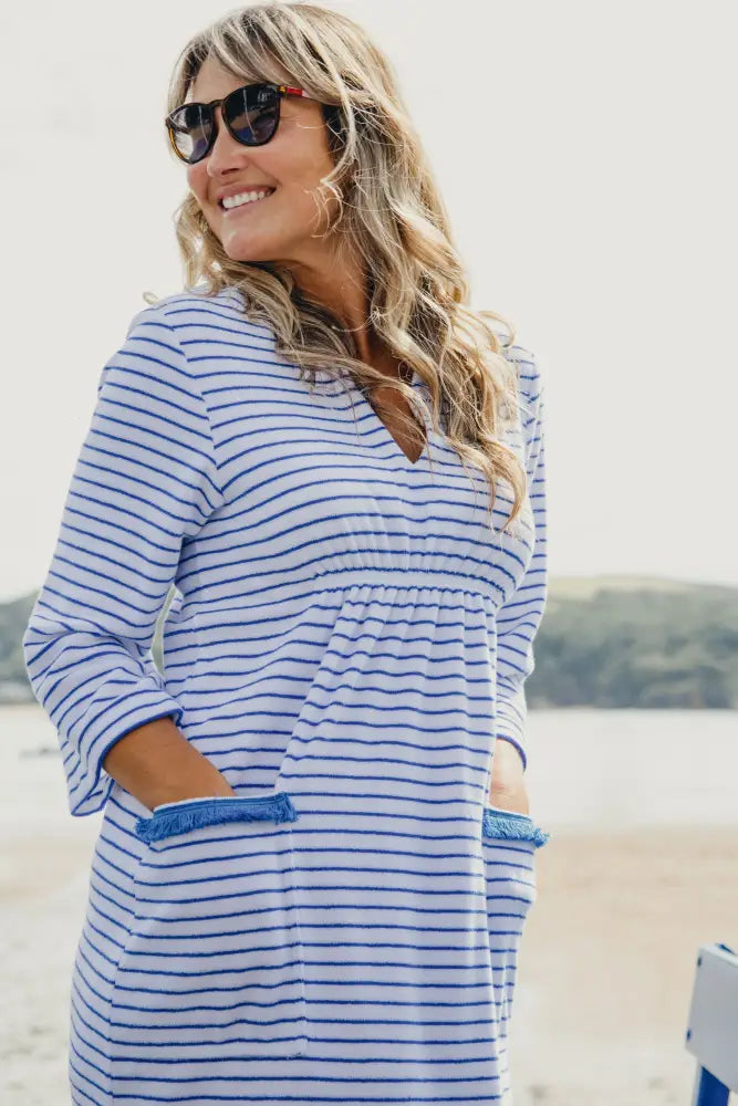 Victoria Striped Towelling Beach Dress / Cover Up | White & Marine Marine Trim - Womens Cover-up