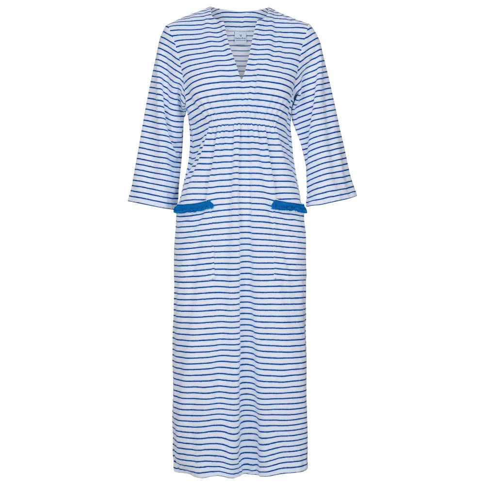Victoria Striped Towelling Beach Dress / Cover Up | White & Marine Marine Trim - XS / Striped - Womens Cover-up