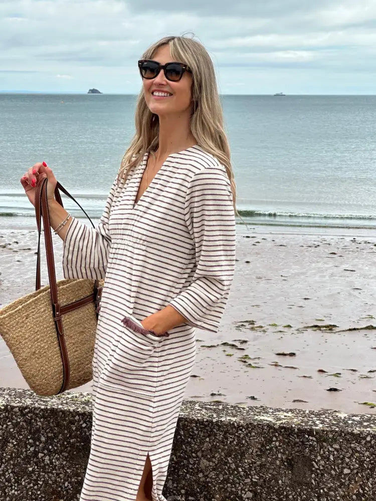 Victoria Towelling Beach Dress / Cover Up | Chocolate & Cream Chocolate Trim - Beach Dress