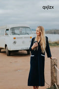 Victoria Towelling Beach Dress / Cover Up | Navy White Trim - Womens Cover-up