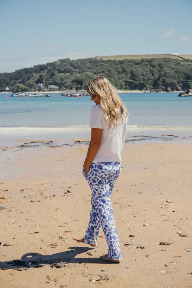 Womens Floral Towelling Wide Leg Jogging Bottoms | Marine - Womens Jogging Bottoms