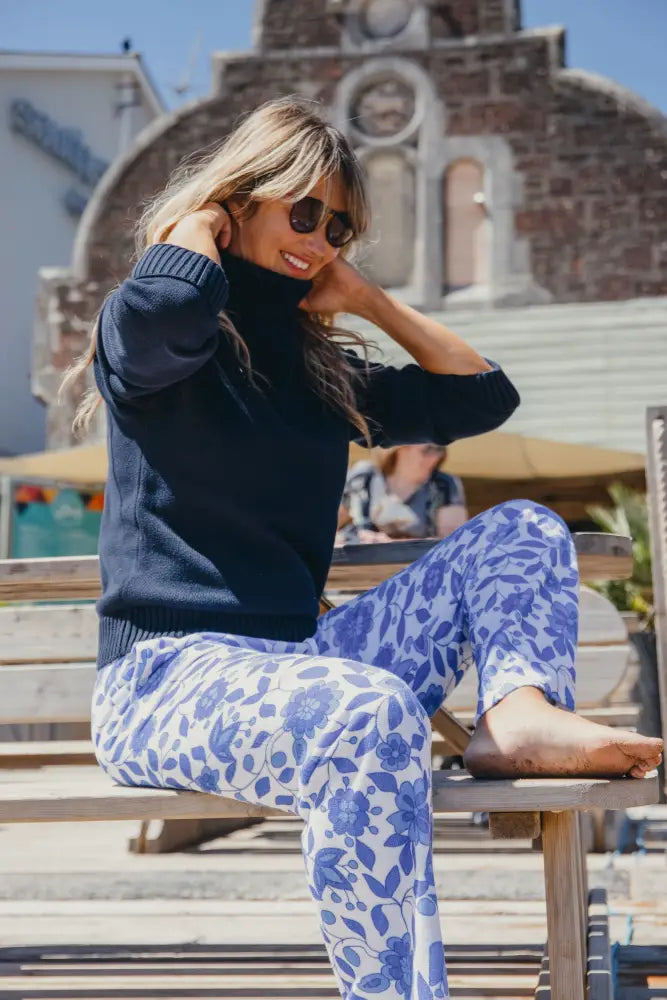 Womens Floral Towelling Wide Leg Jogging Bottoms | Marine - Womens Jogging Bottoms
