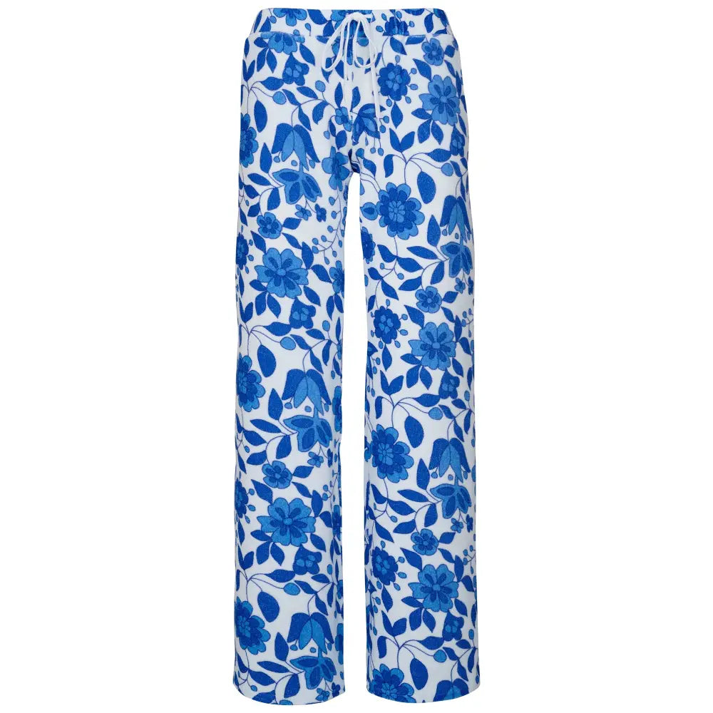Womens Floral Towelling Wide Leg Jogging Bottoms | Marine - Womens Jogging Bottoms