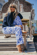 Womens Floral Towelling Wide Leg Jogging Bottoms | Marine - Womens Jogging Bottoms